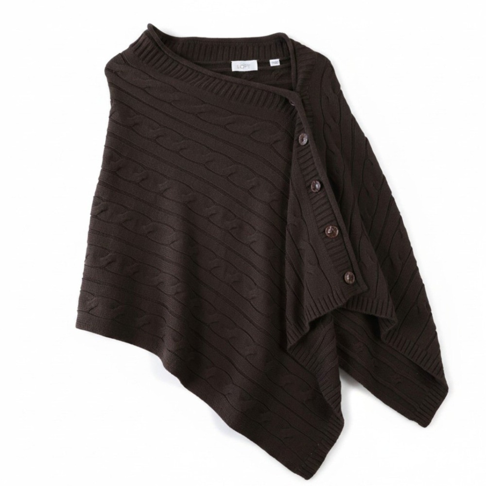 Ann Taylor LOFT Poncho Sweater Women One Size Brown Cable Knit Wool Blend Button
